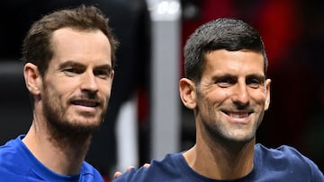 (FILES) (L-R) Britain's Andy Murray and Serbia's Novak Djokovic with (unseen) Switzerland's Roger Federer and Spain's Rafael Nadal pose during a Team Europe practice session ahead of the 2022 Laver Cup at the O2 Arena in London on September 22, 2022. Novak Djokovic announced on November 23, 2024, that his retired long-time rival Andy Murray is joining the 24-time Grand Slam-winning player's coaching team, starting at the Australian Open in January. (Photo by Glyn KIRK / AFP) / RESTRICTED TO EDITORIAL USE