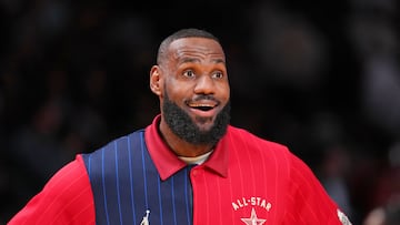 Feb 18, 2024; Indianapolis, Indiana, USA; Western Conference forward LeBron James (23) of the Los Angeles Lakers reacts before the 73rd NBA All Star game at Gainbridge Fieldhouse. Mandatory Credit: Kyle Terada-USA TODAY Sports