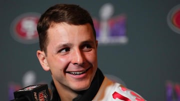 HENDERSON, NEVADA - FEBRUARY 08: Brock Purdy #13 of the San Francisco 49ers speaks to media during San Francisco 49ers media availability ahead of Super Bowl LVIII at Hilton Lake Las Vegas Resort and Spa on February 08, 2024 in Henderson, Nevada.   Chris Unger/Getty Images/AFP (Photo by Chris Unger / GETTY IMAGES NORTH AMERICA / Getty Images via AFP)