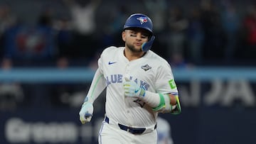 Nov 1, 2025; Toronto, Ontario, CAN; Toronto Blue Jays shortstop Bo Bichette (11) rounds the bases after hitting a three run home run against the Los Angeles Dodgers in the third inning for game seven of the 2025 MLB World Series at Rogers Centre. Mandatory Credit: Nick Turchiaro-Imagn Images