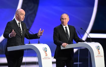 Gianni Infantino makes a speech to a crowd ahead of the 2018 World Cup.