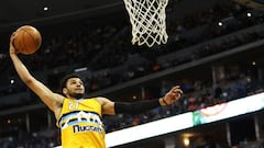 Apr 9, 2017; Denver, CO, USA; Denver Nuggets guard Jamal Murray (27) dunks the ball during the first half against the Oklahoma City Thunder at Pepsi Center. Mandatory Credit: Chris Humphreys-USA TODAY Sports