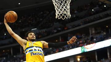 Apr 9, 2017; Denver, CO, USA; Denver Nuggets guard Jamal Murray (27) dunks the ball during the first half against the Oklahoma City Thunder at Pepsi Center. Mandatory Credit: Chris Humphreys-USA TODAY Sports