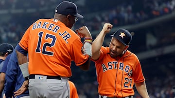 ARLINGTON, TEXAS - OCTOBER 18: Jose Altuve #27 of the Houston Astros celebrates with manager Dusty Baker #12 after defeating the Texas Rangers in Game Three of the American League Championship Series at Globe Life Field on October 18, 2023 in Arlington, Texas.   Carmen Mandato/Getty Images/AFP (Photo by Carmen Mandato / GETTY IMAGES NORTH AMERICA / Getty Images via AFP)