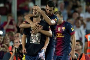 Jornada 1 / BARCELONA - REAL SOCIEDAD. Los jugadores del Barcelona celebrando el gol de David Villa.