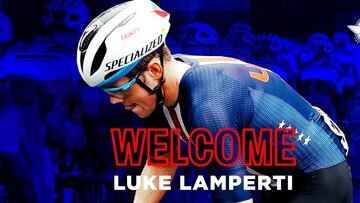 Cartel promocional con el que el Soudal Quick-Step ha anunciado el fichaje del ciclista estadounidense Luke Lamperti.
