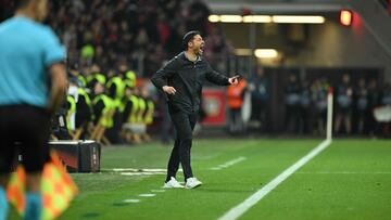 Bayer Leverkusen's Spanish coach Xabi Alonso reacts from the sidelines during the UEFA Europa League Group H football match between Bayer 04 Leverkusen and Qarabag FK in Leverkusen, western Germany on October 26, 2023. (Photo by INA FASSBENDER / AFP)