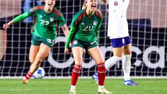 Feb 26, 2024; Carson, California, USA; Mexico forward Mayra Pelayo (20) celebrates after scoring a goal against the United States during the second half of a game at Dignity Health Sports Park. Mandatory Credit: Jessica Alcheh-USA TODAY Sports      TPX IMAGES OF THE DAY