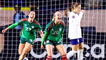 Feb 26, 2024; Carson, California, USA; Mexico forward Mayra Pelayo (20) celebrates after scoring a goal against the United States during the second half of a game at Dignity Health Sports Park. Mandatory Credit: Jessica Alcheh-USA TODAY Sports      TPX IMAGES OF THE DAY