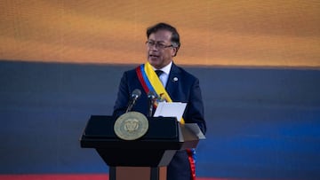 Gustavo Petro, Colombia's president, speaks during an inauguration ceremony at Plaza Bolivar in Bogota, Colombia, on Sunday, Aug. 7, 2022. Colombia's first leftist president starts his four-year term on Sunday, inheriting shaky public finances that will make it tough for him to deliver the lavish social programs his supporters expect. Photographer: Nathalia Angarita/Bloomberg via Getty Images