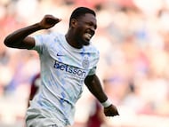 Inter Milan's French forward #9 Marcus Thuram celebrates after scoring Inter's first goal during the Italian Serie A football match between Torino and Inter Milan at the Olympic Stadium Grande Torino in Turin on April 26, 2026. (Photo by MARCO BERTORELLO / AFP)