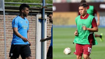 Frank Fabra y Juan Fernando Quintero durante entrenamientos con Boca Juniors y River Plate.