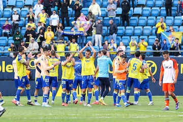 El Cádiz celebra sobre el césped del Nuevo Mirandilla la victoria frente al Real Oviedo en la jornada 12 de la Liga Hypermotion.