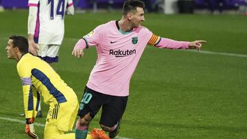 Barcelona's Lionel Messi celebrates after scoring his side's third goal during a Spanish La Liga soccer match between Valladolid and Barcelona at the Jose Zorrilla stadium in Valladolid, Spain,Tuesday Dec. 22, 2020. (Cesar Manso/Pool via AP)