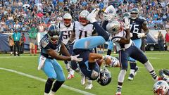 Aug 17, 2019; Nashville, TN, USA; Tennessee Titans quarterback Marcus Mariota (8) dives into the end zone for the two point conversion against the New England Patriots prior to the game at Nissan Stadium. Mandatory Credit: Jim Brown-USA TODAY Sports