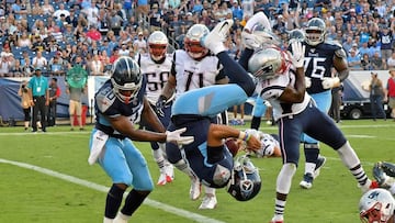 Aug 17, 2019; Nashville, TN, USA; Tennessee Titans quarterback Marcus Mariota (8) dives into the end zone for the two point conversion against the New England Patriots prior to the game at Nissan Stadium. Mandatory Credit: Jim Brown-USA TODAY Sports