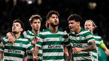 LISBON, PORTUGAL - SEPTEMBER 22: Luis Suárez of Sporting (C) celebrating his goal with his teammates during the Primeira Liga match between Sporting CP and Moreirense FC at Estadio Jose Alvalade on September 22, 2025 in Lisbon, Portugal. (Photo by Maciej Rogowski/Eurasia Sport Images/Getty Images)