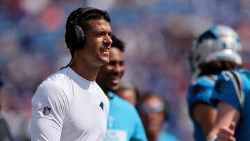 ORCHARD PARK, NEW YORK - AUGUST 24: Head Coach Dave Canales of the Carolina Panthers looks on during a preseason game against the Buffalo Bills at Highmark Stadium on August 24, 2024 in Orchard Park, New York. Bryan M. Bennett/Getty Images/AFP (Photo by Bryan M. Bennett / GETTY IMAGES NORTH AMERICA / Getty Images via AFP)