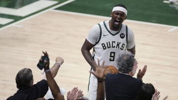 Milwaukee Bucks' Bobby Portis yells to the crowd during the second half of Game 5 of the team's NBA basketball playoffs Eastern Conference finals against the Atlanta Hawks on Thursday, July 1, 2021, in Milwaukee. (AP Photo/Aaron Gash)