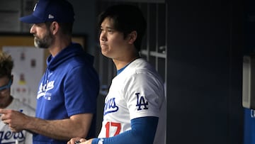 Aug 6, 2024; Los Angeles, California, USA; Los Angeles Dodgers designated hitter Shohei Ohtani (17) in the dugout against the Philadelphia Phillies at Dodger Stadium. Mandatory Credit: Jayne Kamin-Oncea-USA TODAY Sports