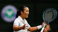 LONDON, ENGLAND - JUNE 28: Harmony Tan of France hits a back hand against Serena Williams of the United States in the first round of the women's singles during day two of The Championships Wimbledon 2022 at All England Lawn Tennis and Croquet Club on June 28, 2022 in London, England. (Photo by Frey/TPN/Getty Images)
