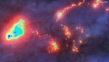 Imágenes satelitales combinadas de infrarrojos de onda corta de Maxar del incendio Summit Pacific Palisades.