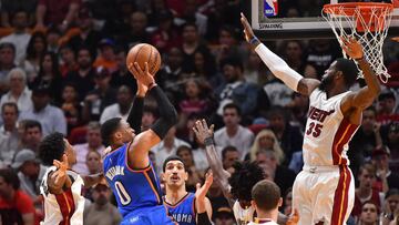 Dec 27, 2016; Miami, FL, USA; Oklahoma City Thunder guard Russell Westbrook (0) shoots against the Miami Heat during the second half at American Airlines Arena. The Oklahoma City Thunder defeat the Miami Heat 106-94. Mandatory Credit: Jasen Vinlove-USA TODAY Sports