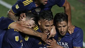 Boca Juniors&#039; forward Ramon Abila (C) celebrates with teammates after scoring the team&#039;s second goal against Argentinos Juniors, during their Copa Diego Maradona 2020 match at Diego Armando Maradona Stadium in Buenos Aires, on January 9, 2021. (