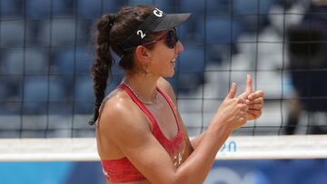 TOKYO, JAPAN - AUGUST 02: Melissa Humana-Paredes #2 of Team Canada celebrates after defeating Team Spain during the Women&#039;s Round of 16 beach volleyball on day ten of the Tokyo 2020 Olympic Games at Shiokaze Park on August 02, 2021 in Tokyo, Japan. (Photo by Sean M. Haffey/Getty Images)