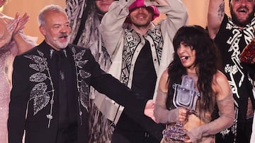 Loreen from Sweden appears on stage next to host Graham Norton after winning the 2023 Eurovision Song Contest in Liverpool, Britain, May 14, 2023. REUTERS/Phil Noble