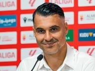 Andrés Fernández en una rueda de prensa con el Almería.