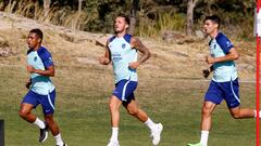 Samuel Lino, Saúl y Morata, en el entrenamiento del Atlético