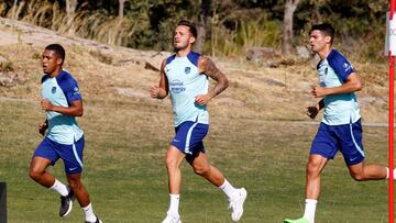 Samuel Lino, Saúl y Morata, en el entrenamiento del Atlético