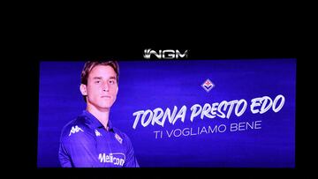 FILE PHOTO: Soccer Football - Coppa Italia - Round of 16 - Fiorentina v Empoli - Stadio Artemio Franchi, Florence, Italy - December 4, 2024 A big screen displays a message in support of Fiorentina's Edoardo Bove after he collapsed on the pitch during a league match against Inter Milan REUTERS/Jennifer Lorenzini/File Photo