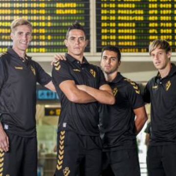 EXFRANJIVERDES. Albentosa. Jaime, Ángel y Javi Lara, ayer antes de partir hacia Elche. Faltan Lillo y Del Moral, que no viajó.