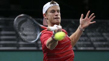 PARIS, FRANCE - NOVEMBER 4: Diego Schwartzman of Argentina in action against Richard Gasquet of France during day 3 of the Rolex Paris Masters, an ATP Masters 1000 tournament held behind closed doors at AccorHotels Arena formerly known as Paris Bercy on November 4, 2020 in Paris, France. (Photo by Jean Catuffe/Getty Images)