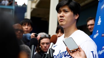 LOS ANGELES, CALIFORNIA - FEBRUARY 03: Shohei Ohtani #17 of the Los Angeles Dodgers speaks with the media during DodgerFest at Dodger Stadium on February 03, 2024 in Los Angeles, California.   Ronald Martinez/Getty Images/AFP (Photo by RONALD MARTINEZ / GETTY IMAGES NORTH AMERICA / Getty Images via AFP)