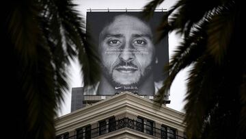 A billboard featuring former San Francisco 49ers quaterback Colin Kaepernick is displayed on the roof of the Nike Store on September 5, 2018 in San Francisco