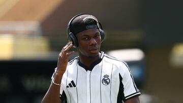 Real Madrid's French midfielder #14 Aurelien Tchouameni gestures on the pitch before the FIFA Club World Cup 2025 quarterfinal football match between Spain's Real Madrid and Germany's Borussia Dortmund at the MetLife stadium in East Rutherford, New Jersey on July 5, 2025. (Photo by FRANCK FIFE / AFP)