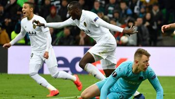 FC Krasnodar's Russian goalkeeper Matvei Safonov concedes a goal during the UEFA Europa League round of 16 second leg football match between FC Krasnodar and Valencia CF at the Krasnodar Stadium in Krasnodar on March 14, 2019. (Photo by Alexander NEM