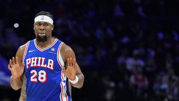Guerschon Yabusele #28 of the Philadelphia 76ers reacts against the Oklahoma City Thunder in the first half at the Wells Fargo Center on January 14, 2025 in Philadelphia, Pennsylvania.