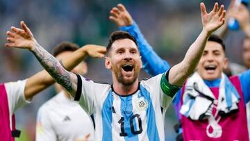 LUSAIL CITY, QATAR - NOVEMBER 26: Lionel Messi of Argentina celebrate after winning the FIFA World Cup Qatar 2022 Group C match between Argentina and Mexico at Lusail Stadium on November 26, 2022 in Lusail City, Qatar. (Photo by Matteo Ciambelli/DeFodi Images via Getty Images)