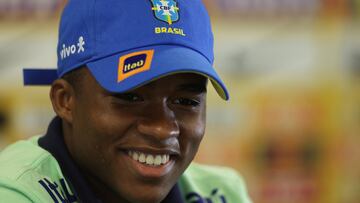 Soccer Football - World Cup - South American Qualifiers - Brazil Press Conference - Granja Comary, Teresopolis, Brazil - November 19, 2023 Brazil's Endrick during a press conference REUTERS/Ricardo Moraes