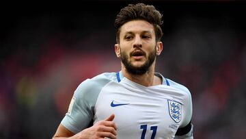 Adam Lallana of England looks on during the FIFA 2018 World Cup Qualifier between England and Lithuania at Wembley Stadium on March 26, 2017 in London, England. 