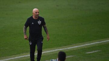 Atletico Mineiro's coach, Argentine Jorge Sampaoli, is pictured during the first round match of the Brazilian Football Championship against Flamengo at the Maracana stadium in Rio de Janeiro, Brazil, on August 9, 2020. - The match is played behind cl