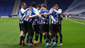 BARCELONA, SPAIN - MARCH 20: Javi Puado of RCD Espanyol celebrates scoring his side&#039;s first goal during the Liga Smartbank match betwen RCD Espanyol de Barcelona and UD Logrones at RCDE Stadium on March 20, 2021 in Barcelona, Spain. Sporting stadiums