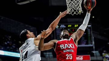 GRAF99. MADRID, 30/05/2019.- El pívot haitiano del Baxi Manresa Cady Lalanne (d) entra a canasta ante Gustavo Ayón, del Real Madrid, durante el primer partido de los cuartos de final de la Liga Endesa que se disputa esta noche en el Wizink Center. EFE/JuanJo Martín