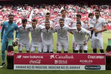Once del Sevilla. De pie: Kolodziejczak, Llorente, Juan Muñoz e Iborra. Agachados: Beto, Curro, Konoplianka, Diogo, Cristóforo y Escudero.