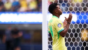 Jun 24, 2024; Inglewood, CA, USA; Brazil forward Rodrygo (10) reacts to a goal attempt against Costa Rica during the first half of a match at SoFi Stadium. Mandatory Credit: Jessica Alcheh-USA TODAY Sports