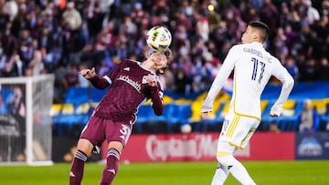 Nov 1, 2024; Commerce City, Colorado, USA; Colorado Rapids defender Sam Vines (3) heads the ball during the first half against the LA Galaxy in a 2024 MLS Cup Playoffs Round One match at Dick's Sporting Goods Park. Mandatory Credit: Ron Chenoy-Imagn Images